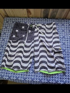 Speedo Black & White American Flag Wave Swim Board Shorts